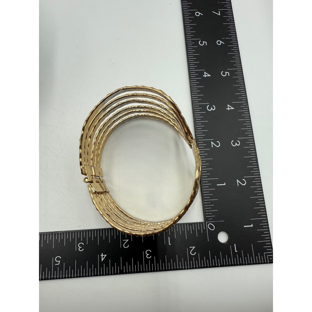 Hammered Gold Tone Multi Strand Hinged Cuff Bracelet Statement Cage Bangle - Picture 5 of 5